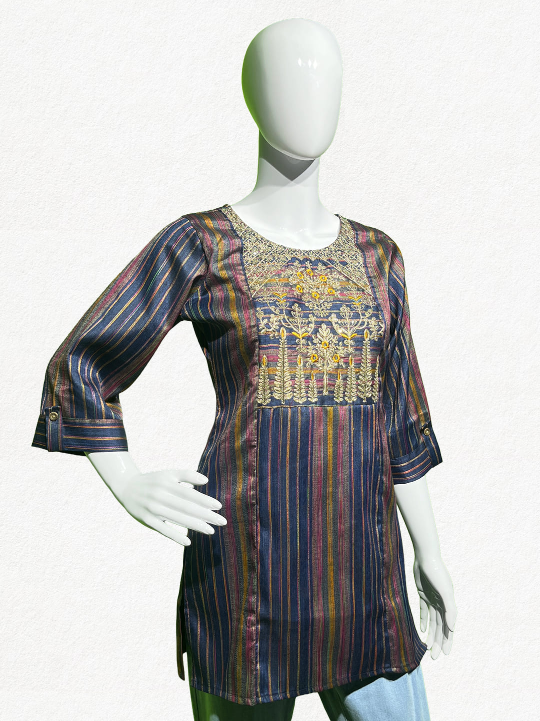 Happiora Jewel Stripe: Embroidered Silk-Blend Kurti