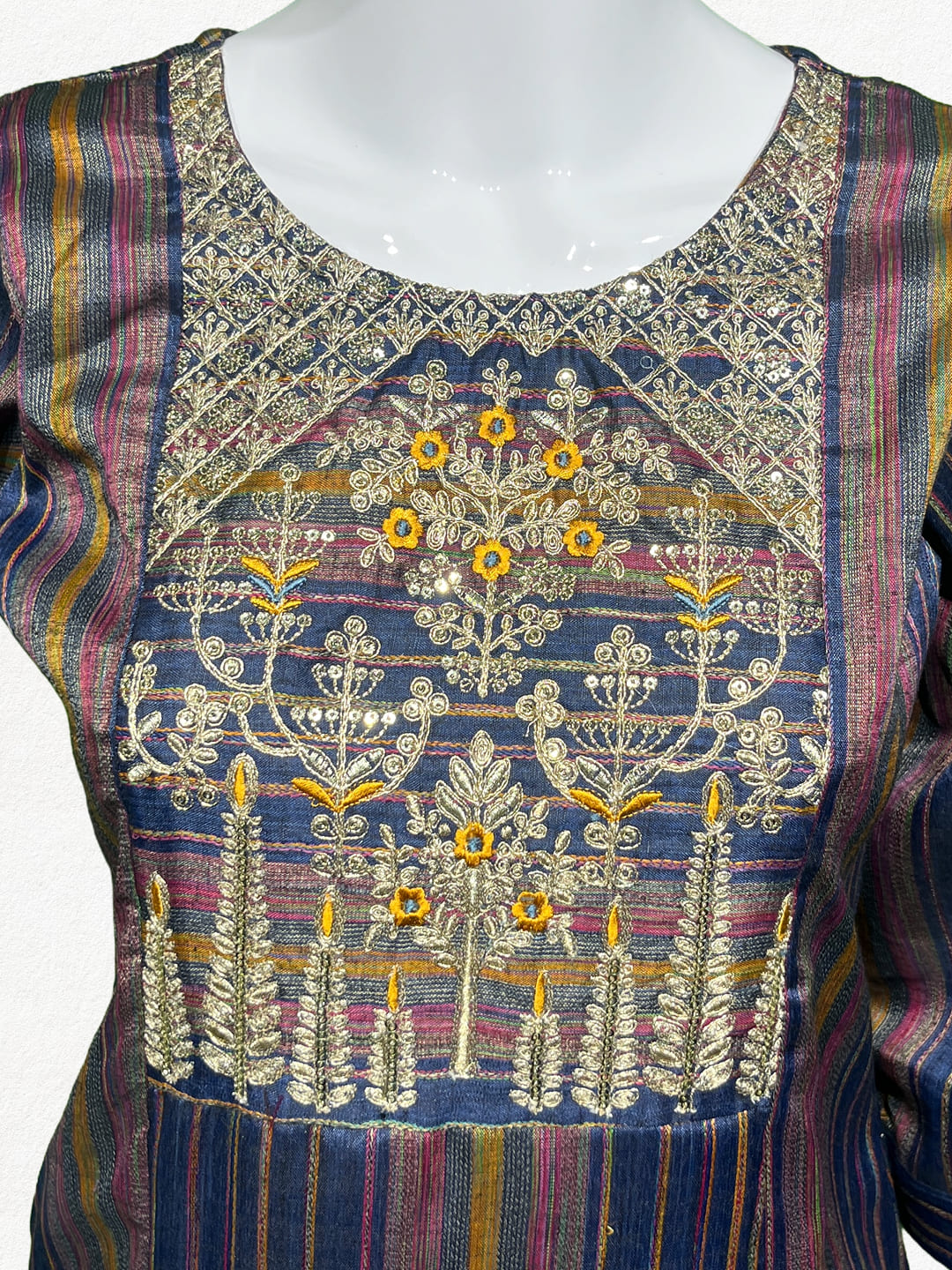 Happiora Jewel Stripe: Embroidered Silk-Blend Kurti