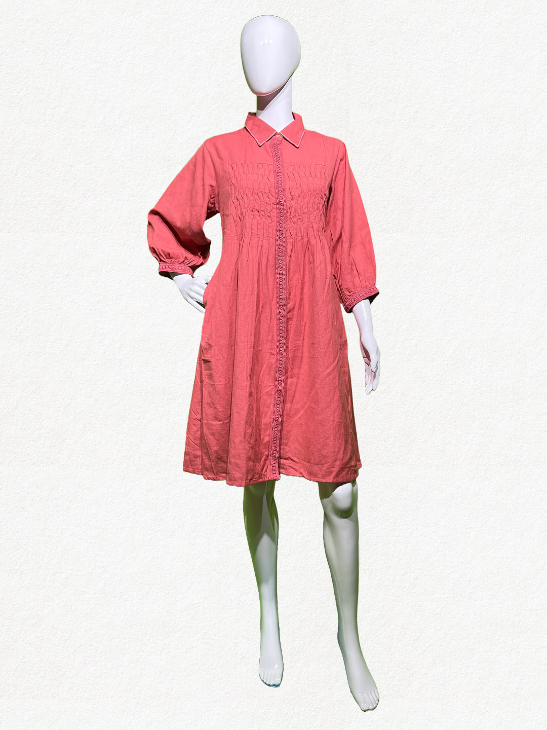 Coral Blush: Pleated Cotton Shirt Tunic with Pockets