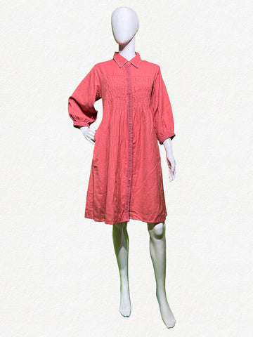 Coral Blush: Pleated Cotton Shirt Tunic with Pockets