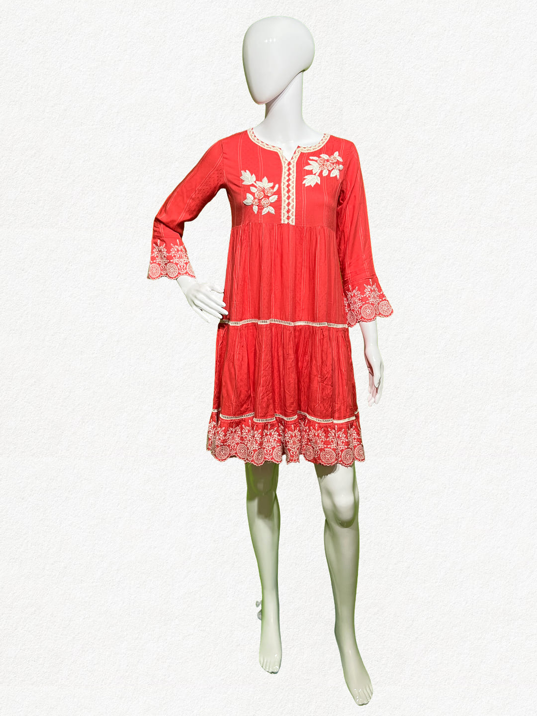 Happiora Coral Grace: Tiered Embroidered Boho Dress