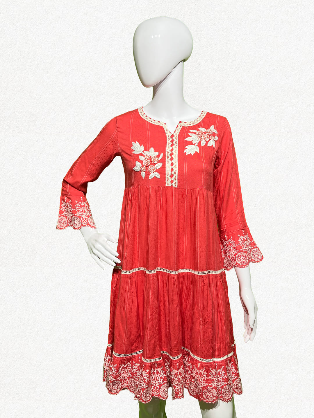 Happiora Coral Grace: Tiered Embroidered Boho Dress