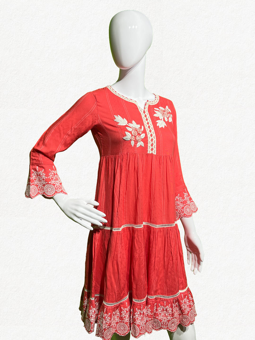 Happiora Coral Grace: Tiered Embroidered Boho Dress
