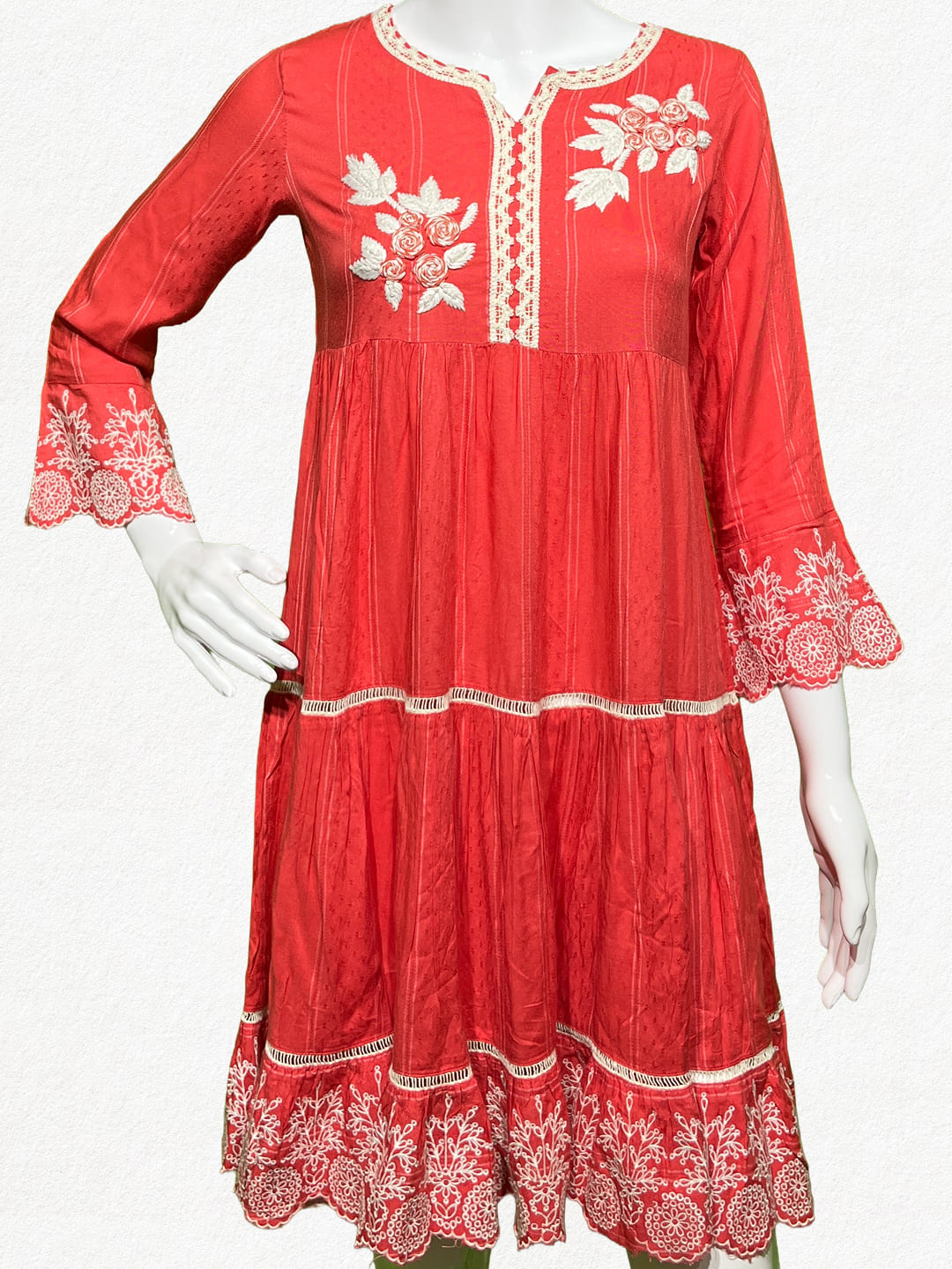 Happiora Coral Grace: Tiered Embroidered Boho Dress