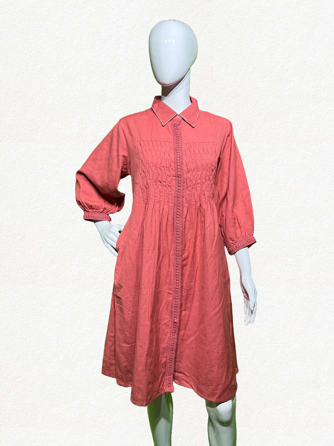 Coral Blush: Pleated Cotton Shirt Tunic with Pockets