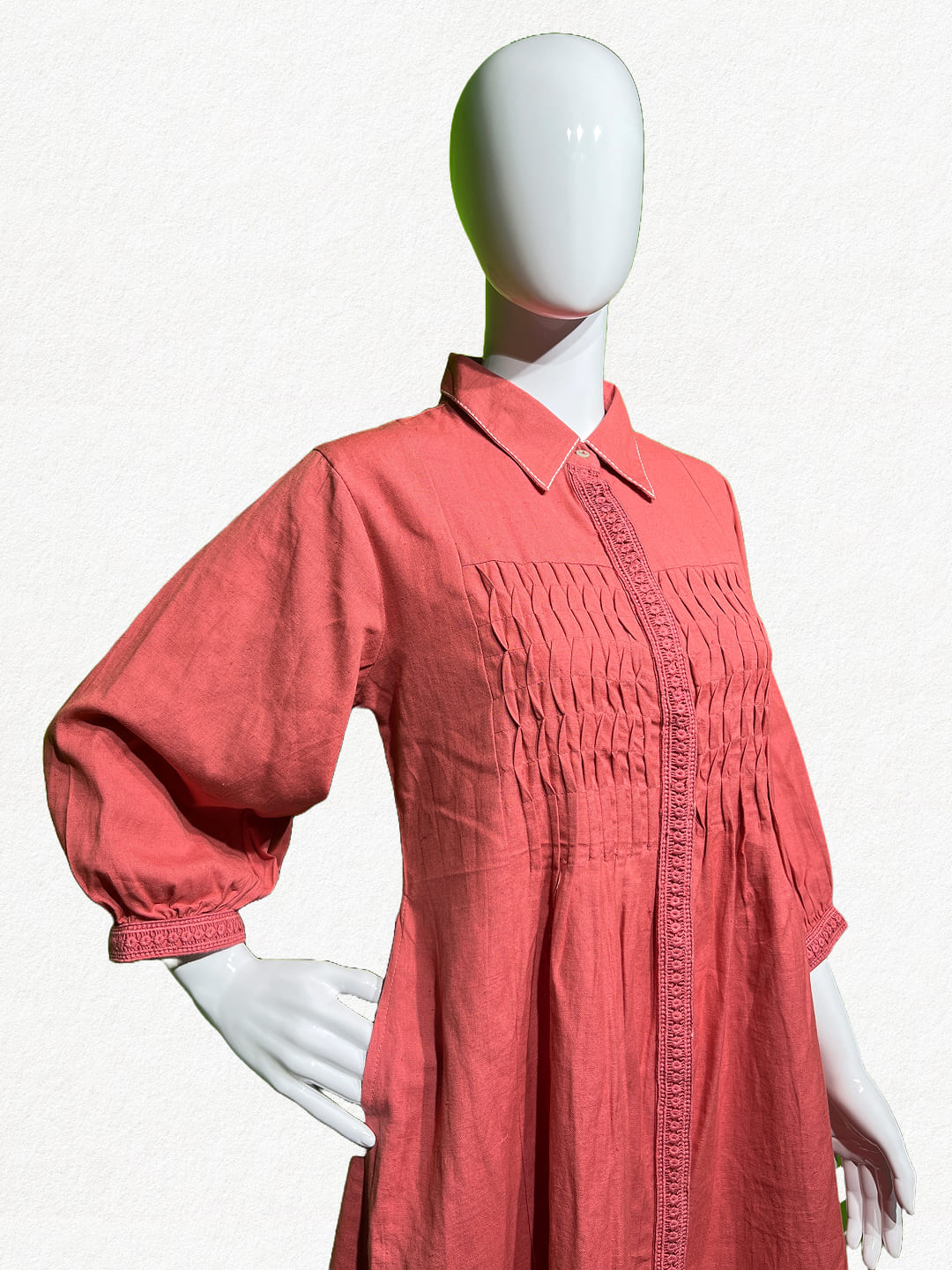 Coral Blush: Pleated Cotton Shirt Tunic with Pockets