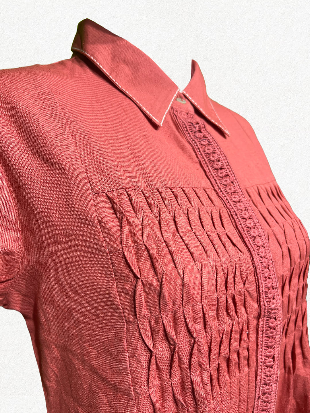 Coral Blush: Pleated Cotton Shirt Tunic with Pockets