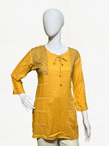 Happiora Golden Ochre: Embroidered Panel Cotton Kurti