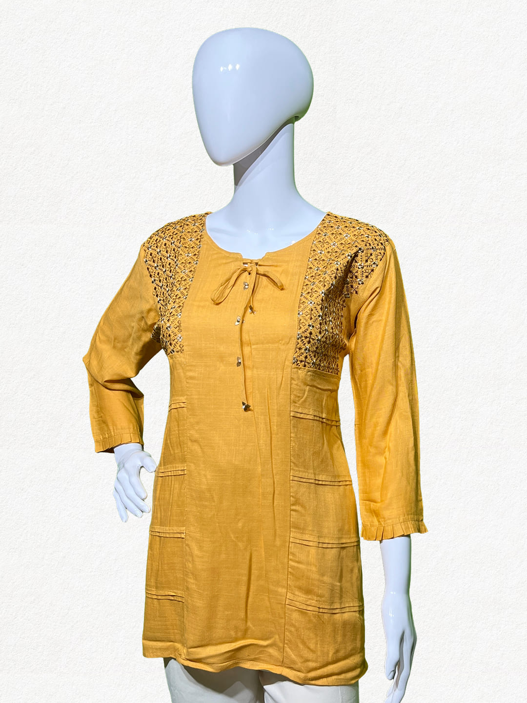 Happiora Golden Ochre: Embroidered Panel Cotton Kurti