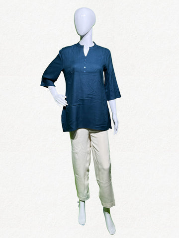 Happiora Slate Blue: Classic Pintuck Cotton Kurti