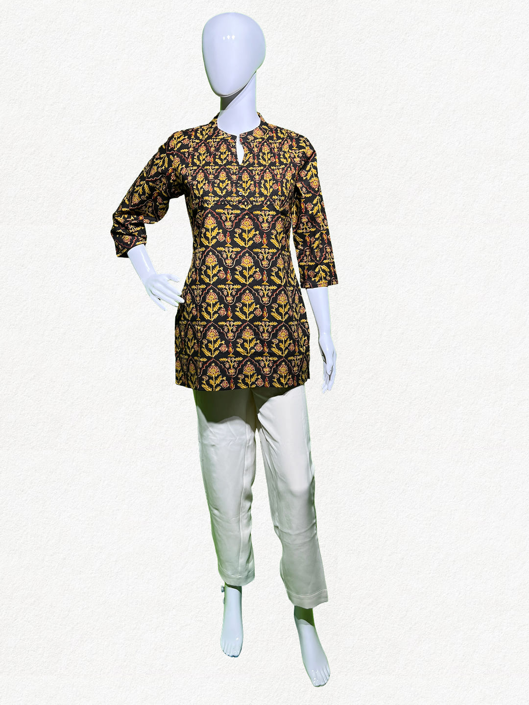 Happiora Navy Bloom: Floral Pintuck Cotton Kurti
