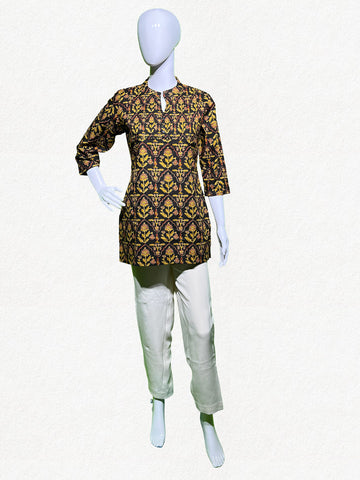 Happiora Navy Bloom: Floral Pintuck Cotton Kurti