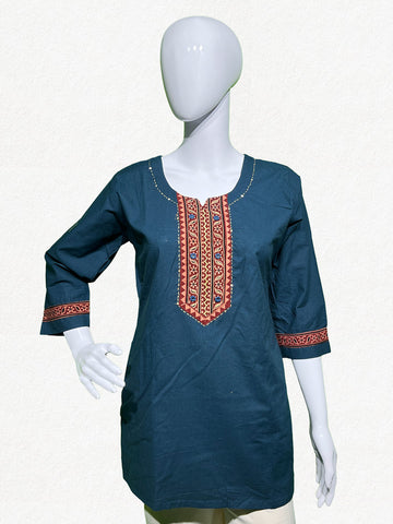 Happiora Indigo Heritage: Embroidered Yoke Cotton Kurti
