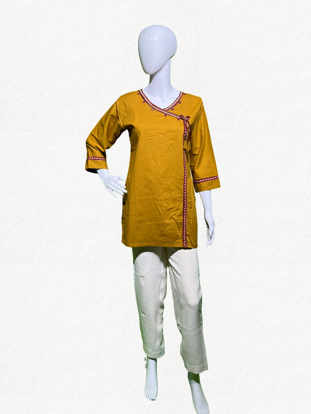 Happiora Mustard Angrakha: Wrap-Style Cotton Kurti