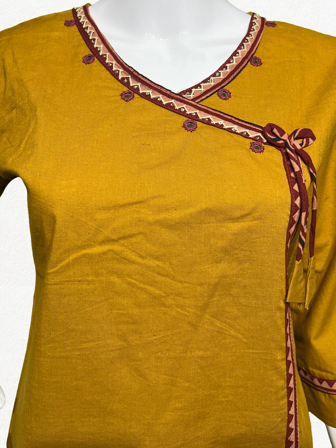 Happiora Mustard Angrakha: Wrap-Style Cotton Kurti