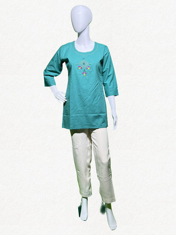 Happiora Teal Diamond: Hand-Embroidered Minimalist Kurti