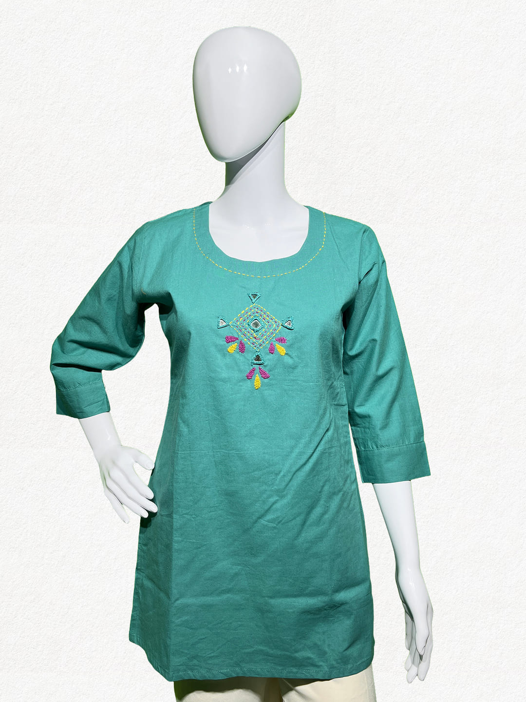Happiora Teal Diamond: Hand-Embroidered Minimalist Kurti