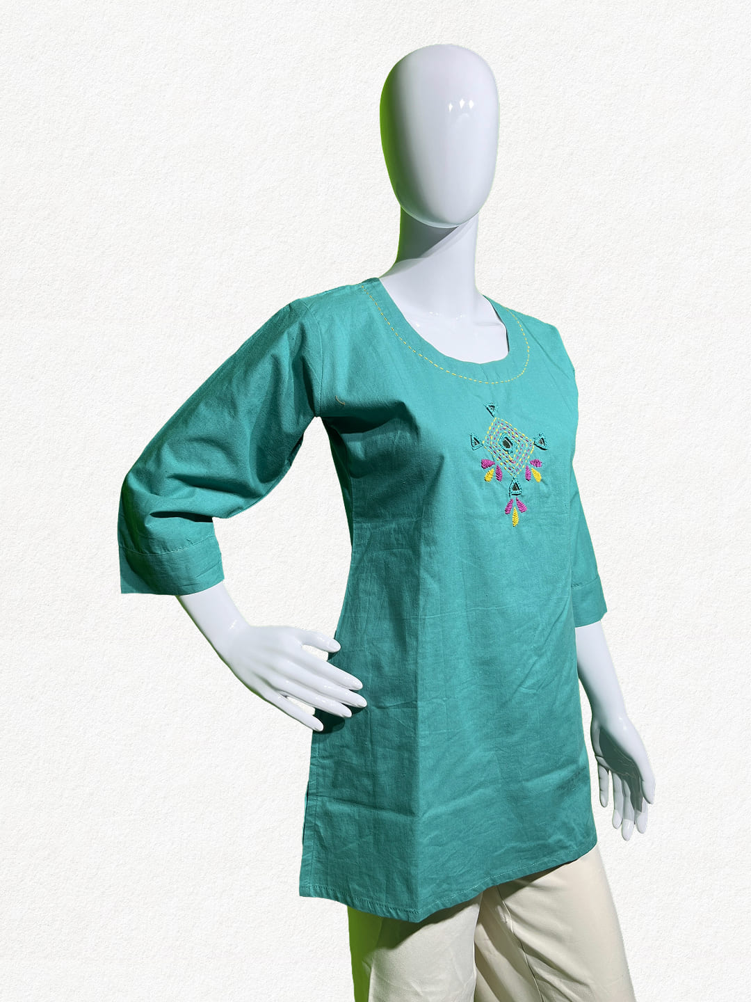 Happiora Teal Diamond: Hand-Embroidered Minimalist Kurti