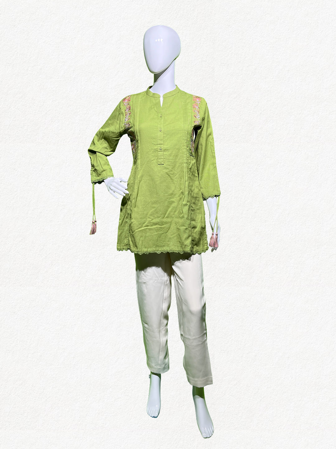 Happiora Lime Breeze: Embroidered Tassel Cotton Kurti