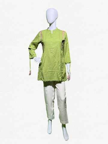 Happiora Lime Breeze: Embroidered Tassel Cotton Kurti