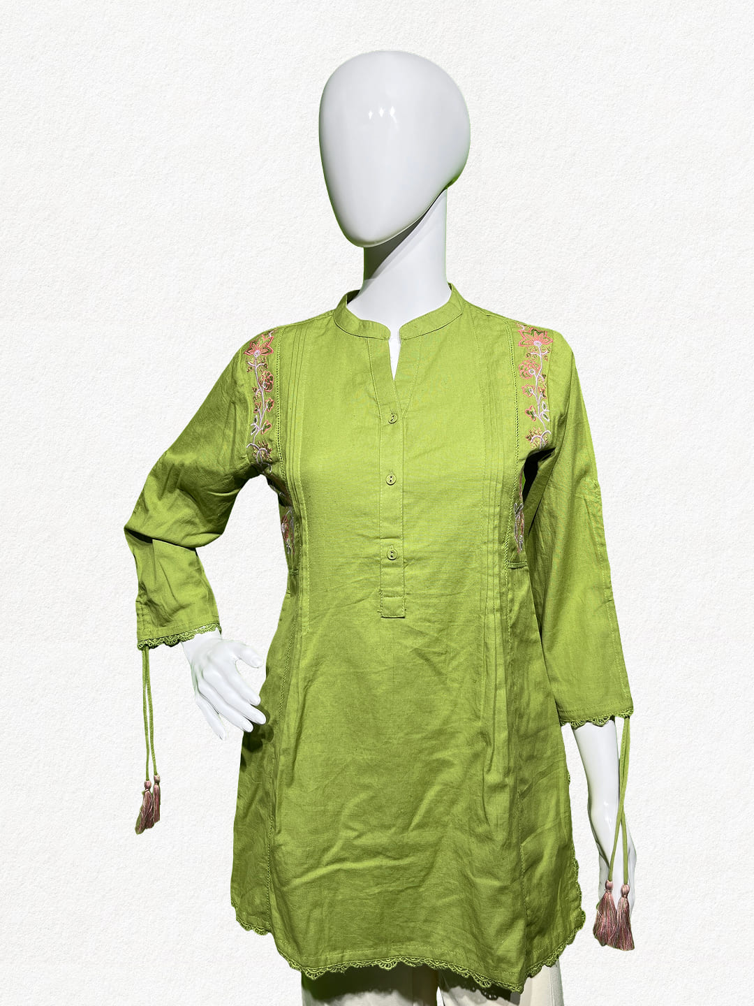 Happiora Lime Breeze: Embroidered Tassel Cotton Kurti