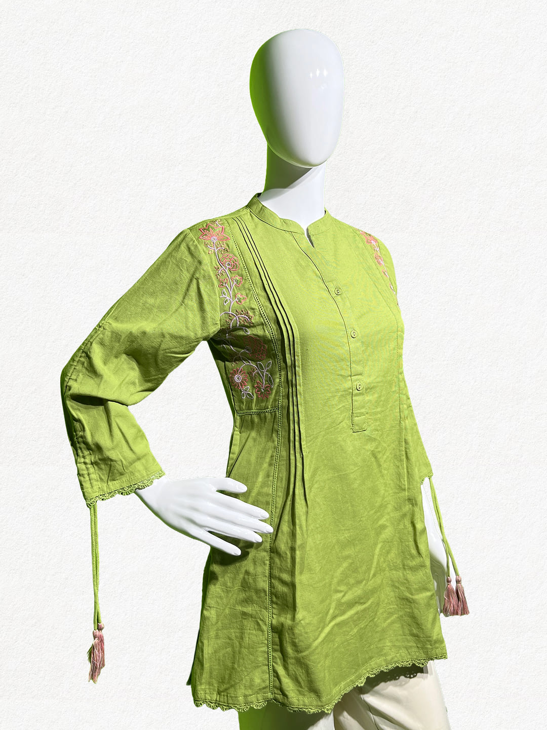 Happiora Lime Breeze: Embroidered Tassel Cotton Kurti