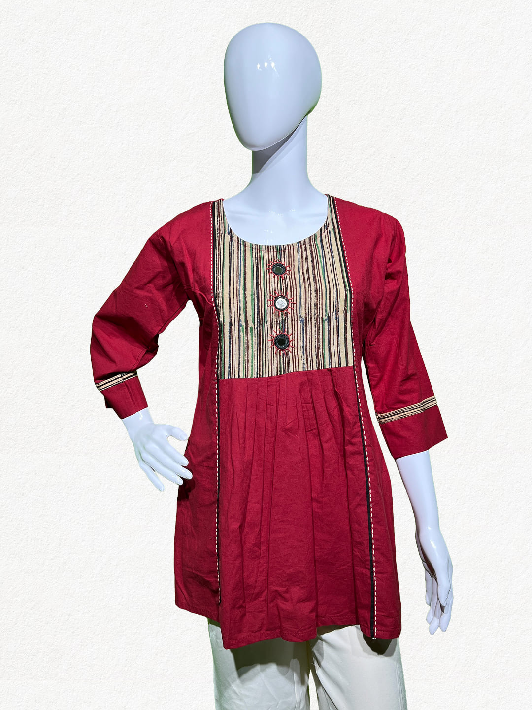 Happiora Crimson Stripe: Contrast Yoke Cotton Kurti