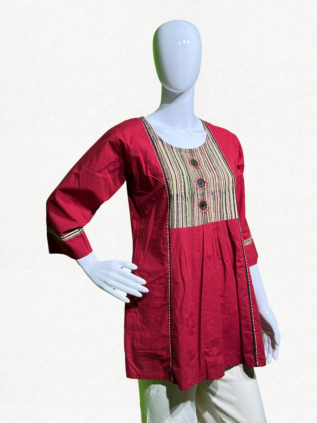 Happiora Crimson Stripe: Contrast Yoke Cotton Kurti