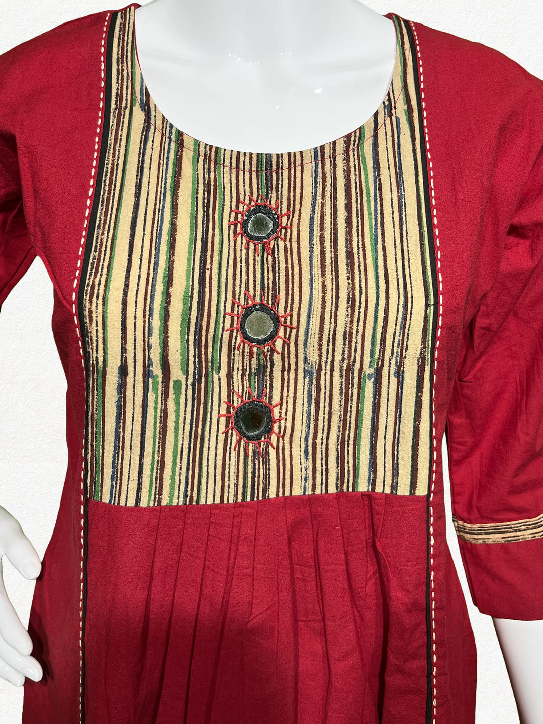 Happiora Crimson Stripe: Contrast Yoke Cotton Kurti