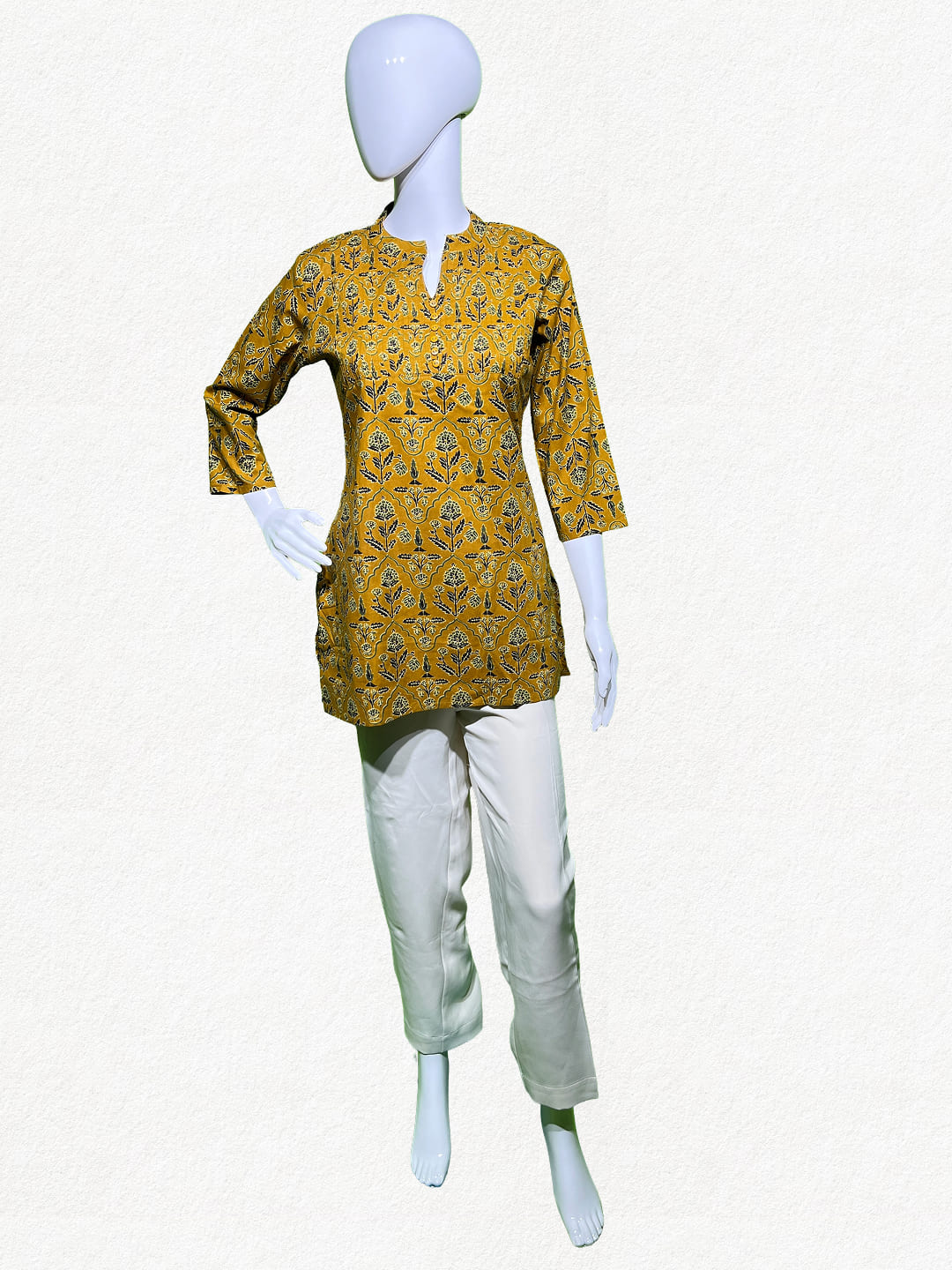 Happiora Mustard Blossom: Floral Pintuck Short Kurti