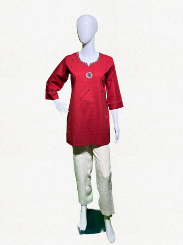 Happiora Crimson Spark: Minimalist Embroidered Kurti