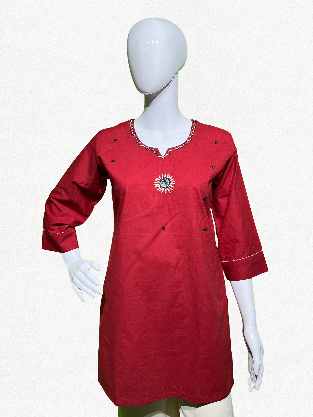 Happiora Crimson Spark: Minimalist Embroidered Kurti