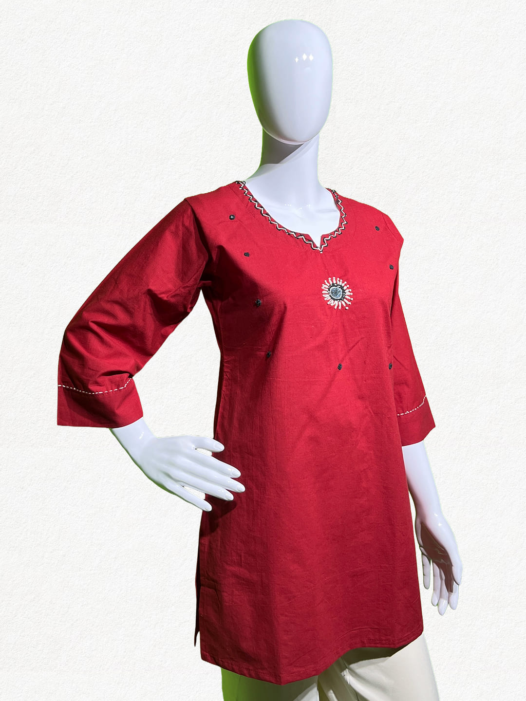 Happiora Crimson Spark: Minimalist Embroidered Kurti