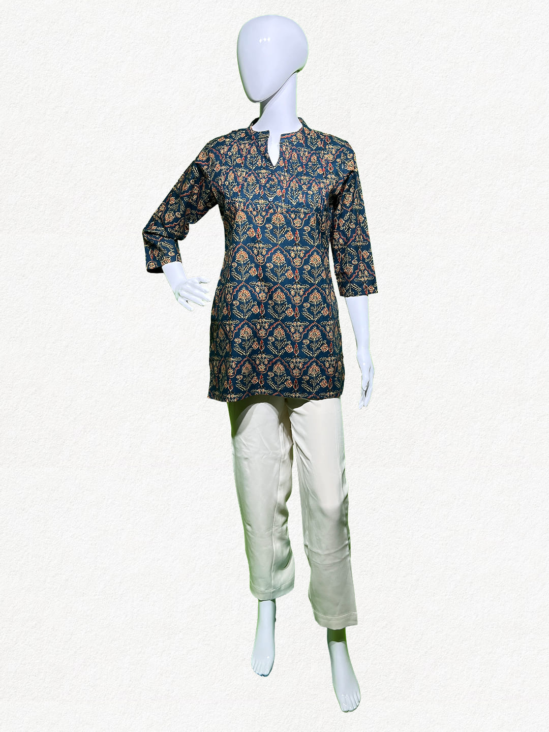 Happiora Azure Blossom: Floral Pintuck Cotton Kurti