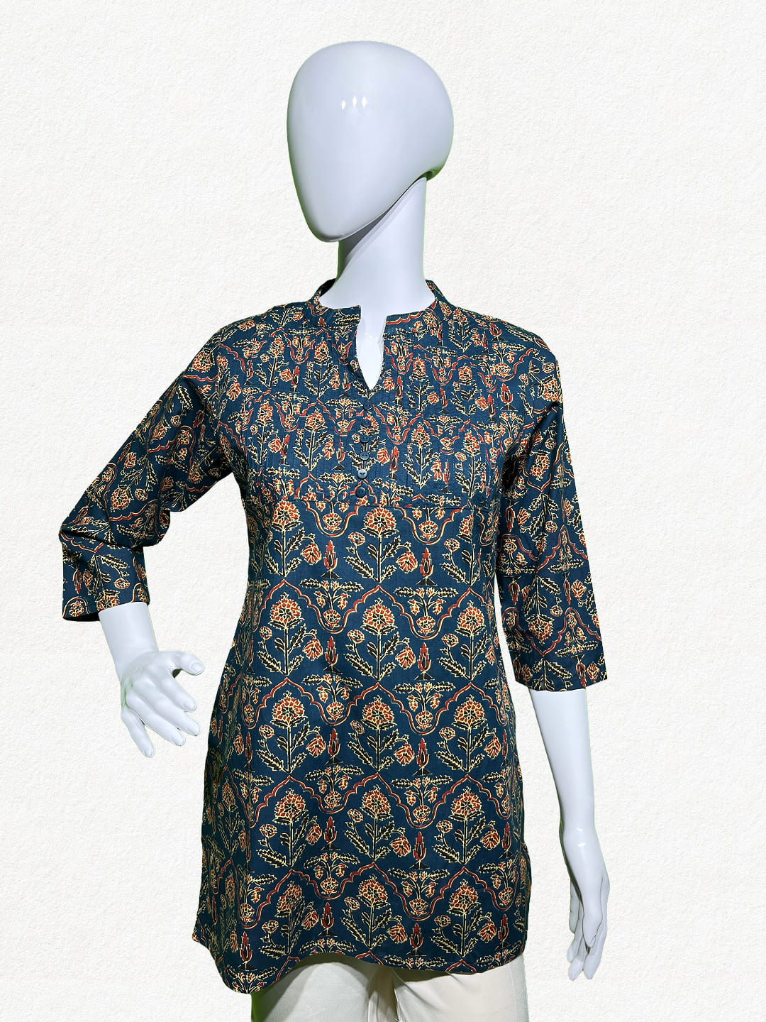 Happiora Azure Blossom: Floral Pintuck Cotton Kurti