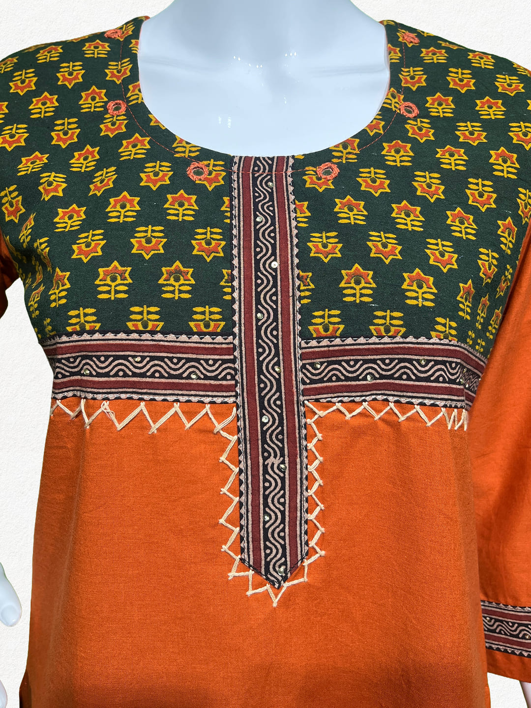 Happiora Ochre Heritage: Contrast Yoke Cotton Kurti