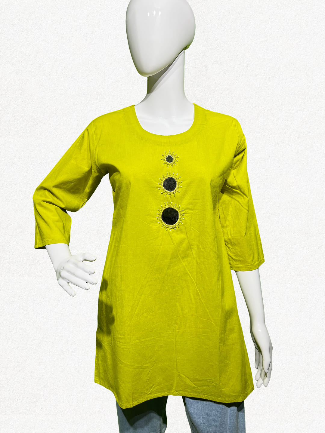 Happiora Lime Glimmer: Authentic Mirror Work Cotton Tunic