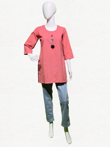 Happiora Coral Glimmer: Authentic Mirror Work Cotton Tunic
