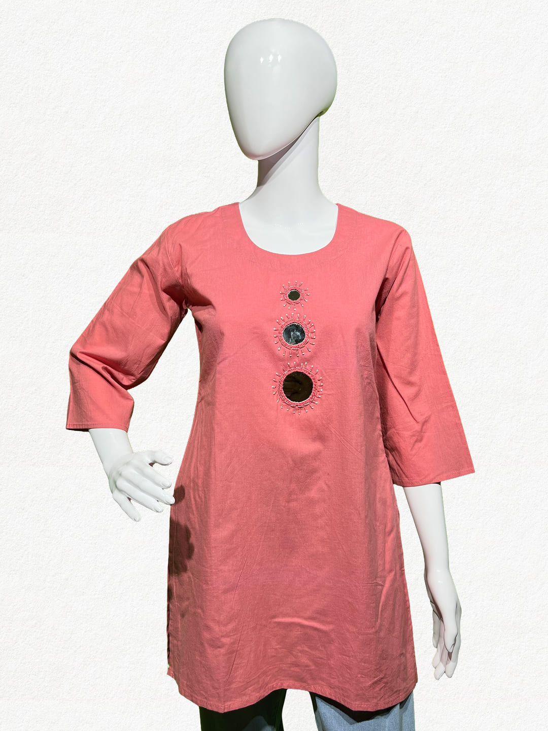 Happiora Coral Glimmer: Authentic Mirror Work Cotton Tunic