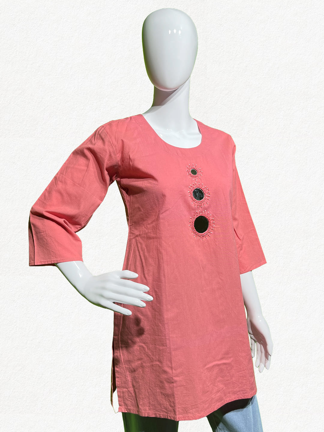 Happiora Coral Glimmer: Authentic Mirror Work Cotton Tunic