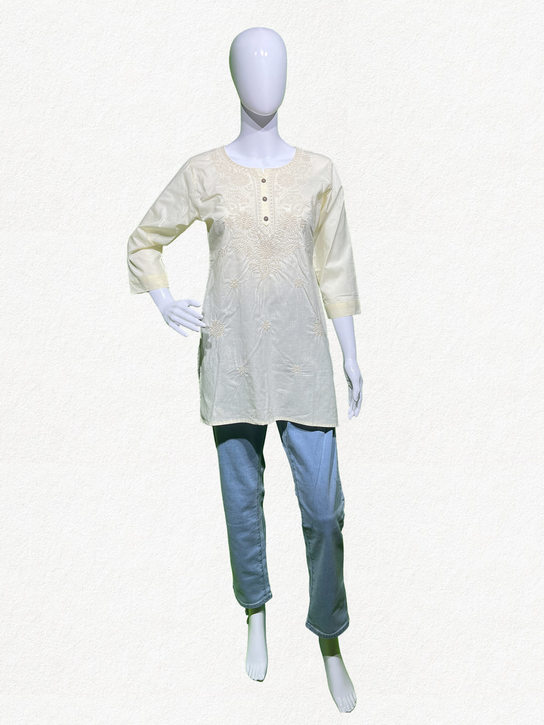 Happiora Radiance: Tonal Embroidered Cotton Kurti