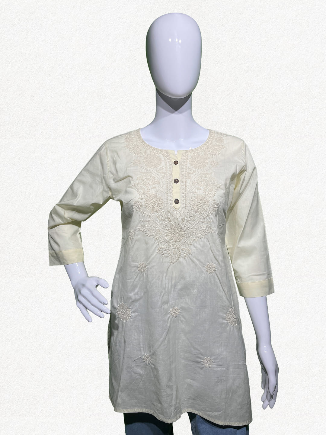 Happiora Ivory Whisper: Tonal Embroidered Cotton Kurti
