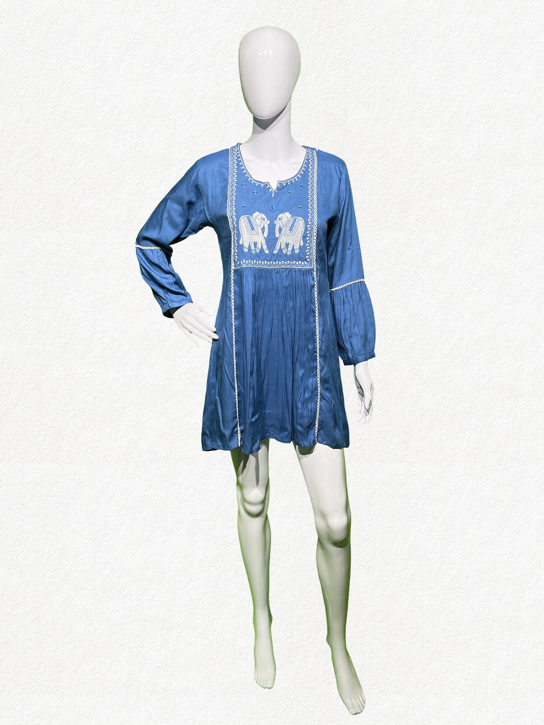 Happiora Azure Elephant: Embroidered Boho Mini Dress