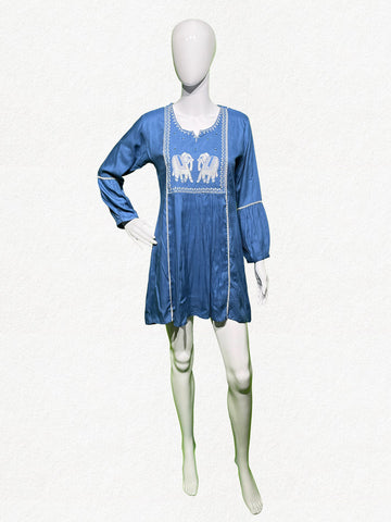 Happiora Azure Elephant: Embroidered Boho Mini Dress