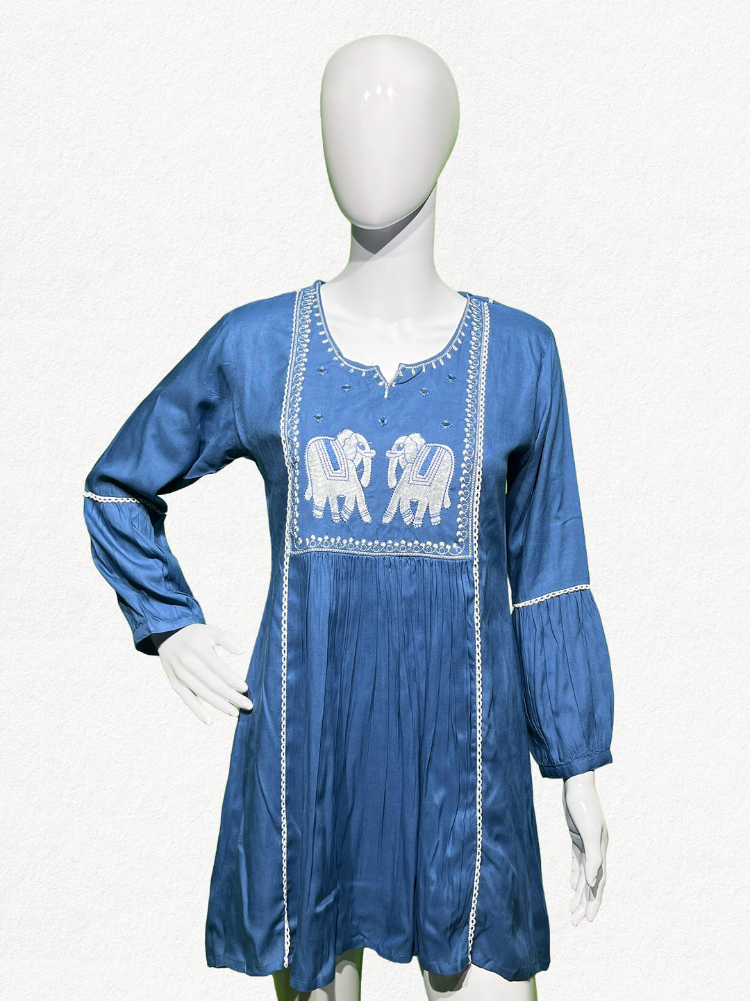 Happiora Azure Elephant: Embroidered Boho Mini Dress