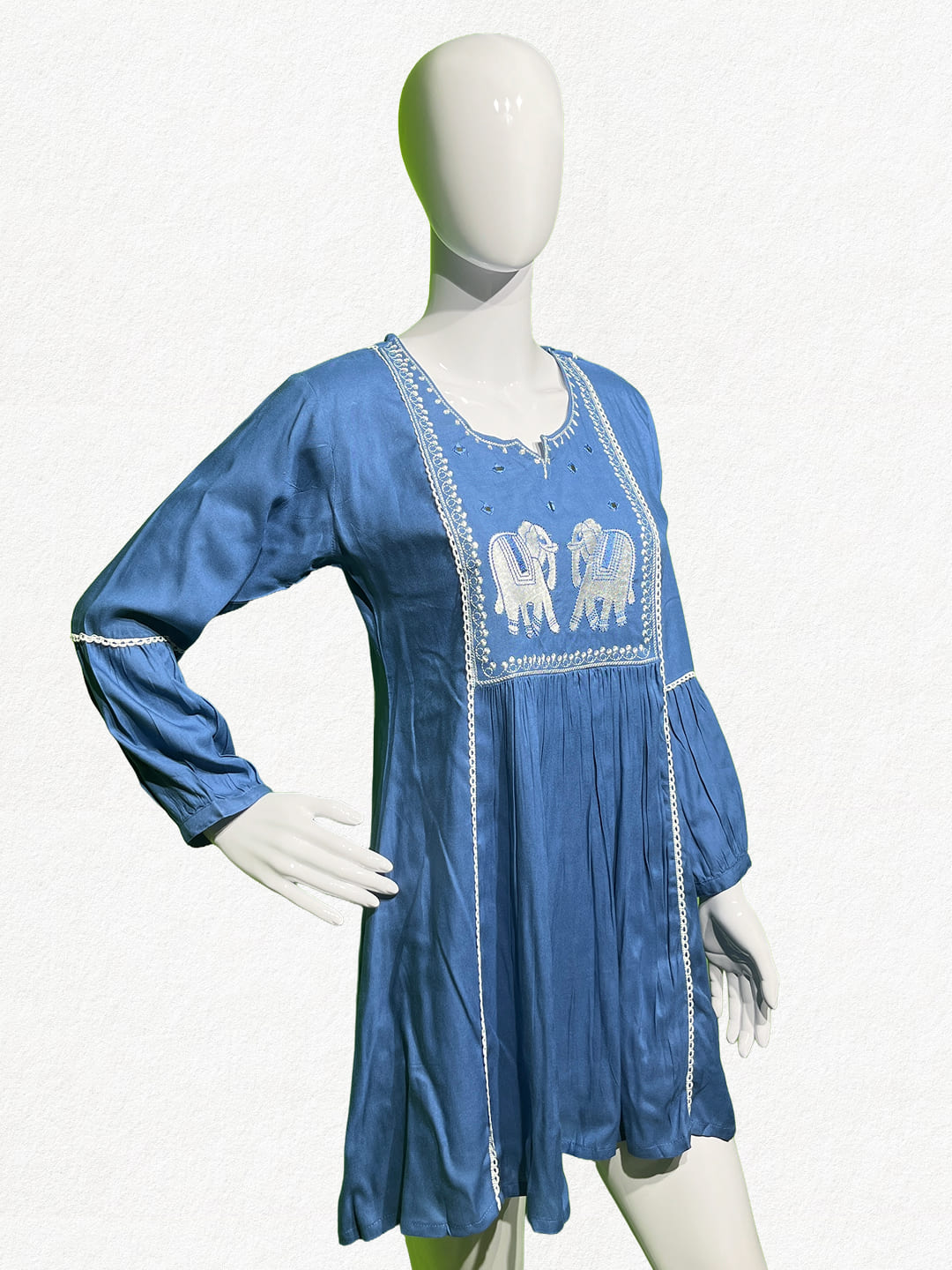 Happiora Azure Elephant: Embroidered Boho Mini Dress