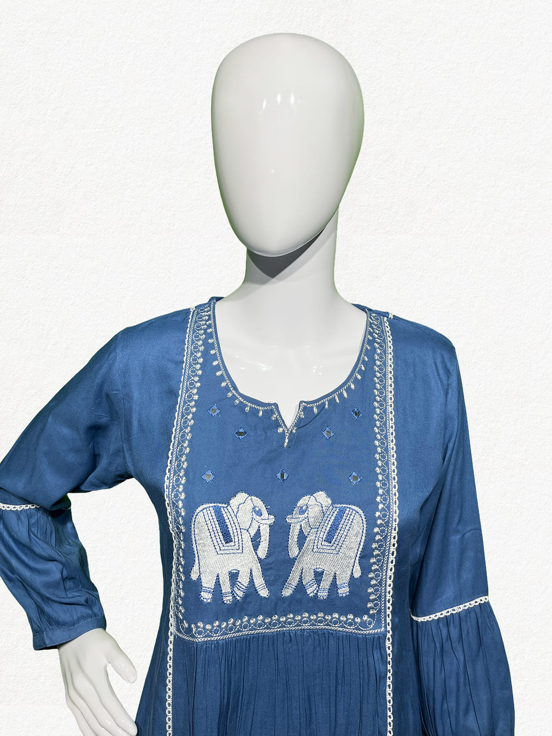 Happiora Azure Elephant: Embroidered Boho Mini Dress