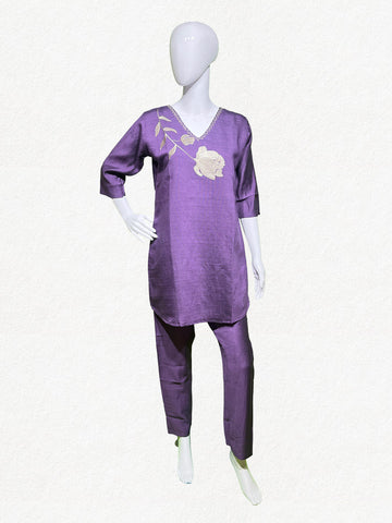 Happiora Violet Bloom: Embroidered Silk-Cotton Co-ord Set