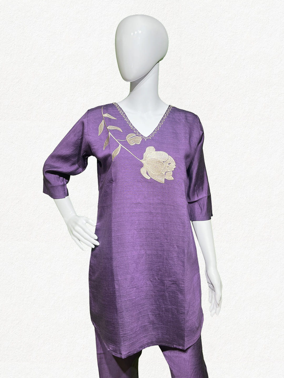 Happiora Violet Bloom: Embroidered Silk-Cotton Co-ord Set
