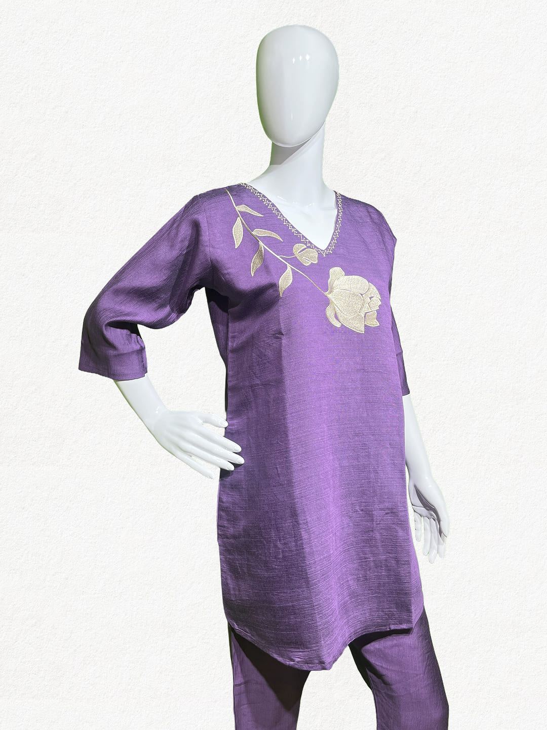 Happiora Violet Bloom: Embroidered Silk-Cotton Co-ord Set